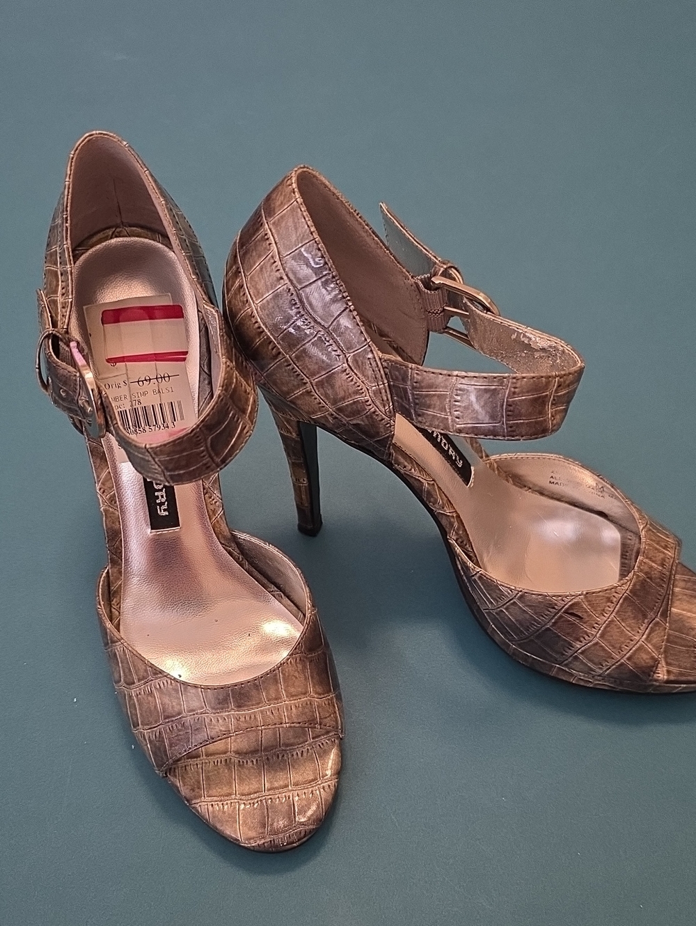 Chinese Laundry Croc-Embossed Ankle Strap High Heels in Grey/Sliver